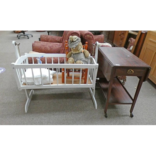 5509 - MAHOGANY TROLLEY WITH DROP LEAVES AND SINGLE DRAWER, PAINTED CHILD'S CRADLE ETC