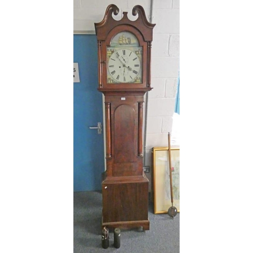 5514 - 19TH CENTURY MAHOGANY LONG CASE CLOCK WITH PAINTED DIAL.  216 CM TALL