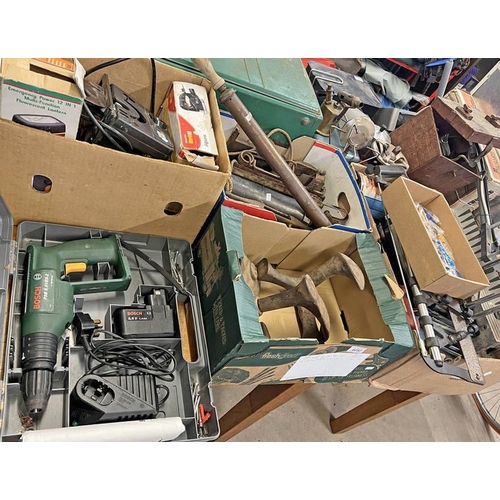 6057 - SELECTION OF VARIOUS TOOLS TO INCLUDE A MITRE SAW, BOSCH DRILL, SPOKE SHAVES ETC IN 5 BOXES.