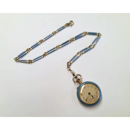 81 - EARLY 20TH CENTURY & CONTINENTAL SILVER & PALE BLUE ENAMEL FOBWATCH ON A BLUE MATCHING ENAMEL LINK C... 