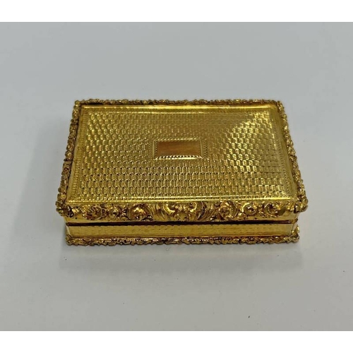 85 - 19TH CENTURY CONTINENTAL SILVER GILT SNUFF BOX WITH ENGINE TURNED DECORATION & FOLIATE THUMB PIECE -... 