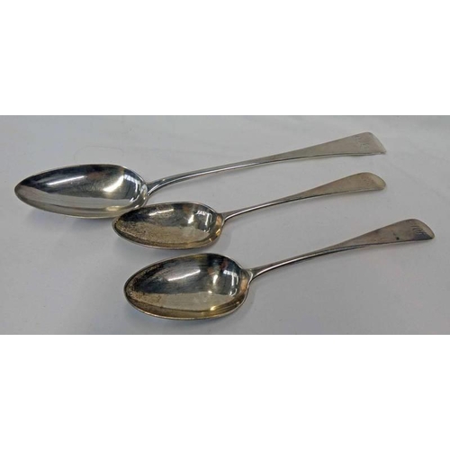 92 - PAIR OF SCOTTISH SILVER TABLESPOONS BY JOHN GRAHAM, EDINBURGH 1803 TOGETHER WITH A SILVER BASTING SP... 