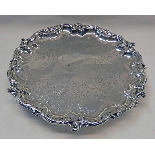 97 - VICTORIAN SILVER CARD TRAY WITH FOLIATE SCROLL DECORATION BY WILLIAM SIMPSON BIRMINGHAM 1844 - 21CM ... 