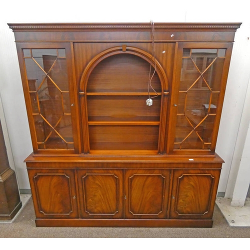 537 - MAHOGANY BOOKCASE WITH CENTRAL SHELVES FLANKED BY 2 ASTRAGAL GLASS PANEL DOORS OVER BASE OF 4 PANEL ... 