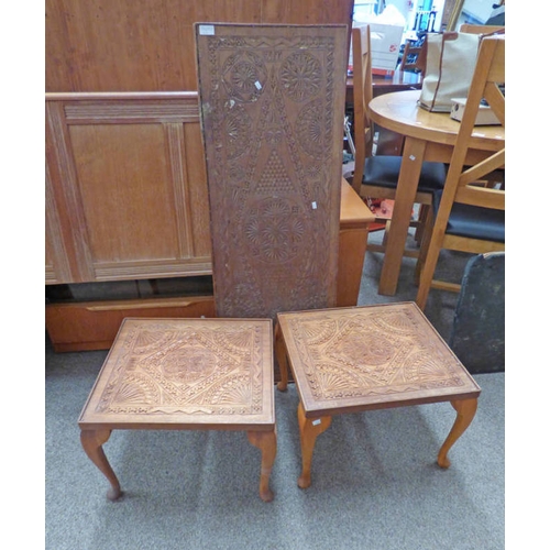 540 - PAIR OF EASTERN HARDWOOD TABLES WITH CARVED TOPS & CARVED HARDWOOD TABLE TOP