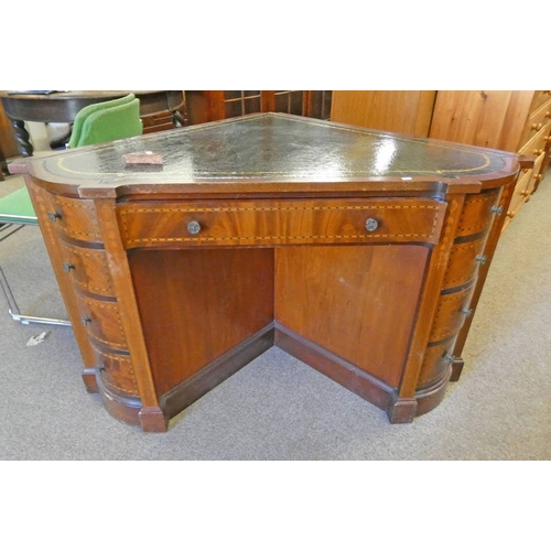 546 - 20TH CENTURY INLAID MAHOGANY CORNER DESK WITH LEATHER INSET TOP & 9 DRAWERS LABELED HENRY F MILLER F... 