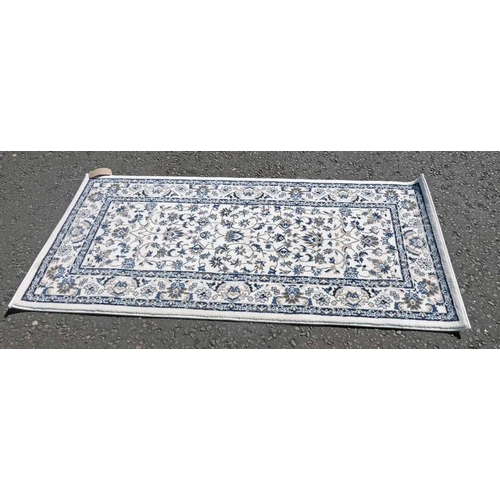 549 - IKEA VALLOBY RUG WITH CREAM & BLUE PATTERN, 180CM LONG X 80CM WIDE