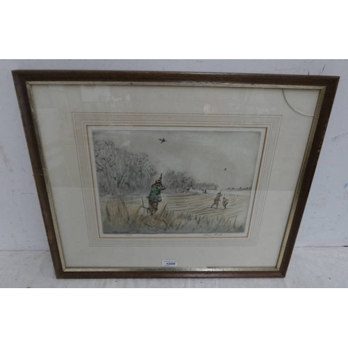 1006 - HENRY WILKINSON,  GROUSE SHOOTING SIGNED IN PENCIL FRAMED COLOURED ETCHING 25 X 34 CM