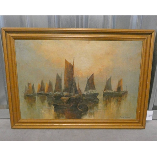 1013 - F E JAMIESON,  FLEET OF SHIPS SIGNED FRAMED OIL PAINTING 49 X 75 CM