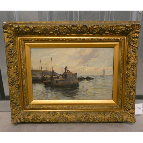 1021 - A S EDWARDS,  HARBOUR SCENE SIGNED GILT FRAMED OIL PAINTING 29 X 45 CM