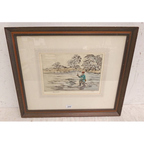 1022 - HENRY WILKINSON,  THE FLY FISHERMAN SIGNED IN PENCIL FRAMED COLOURED ETCHING 22 X 32 CM