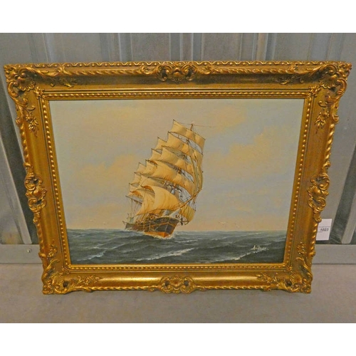 1023 - AMBROSE,  WIND IN THE SAILS SIGNED GILT FRAMED OIL PAINTING 44 X 60 CM