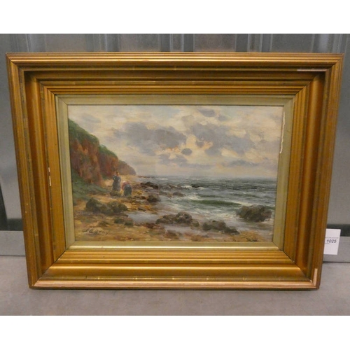 1025 - J C GRAY,  SCOURING THE SHORELINE SIGNED FRAMED OIL PAINTING 36 X 51 CM