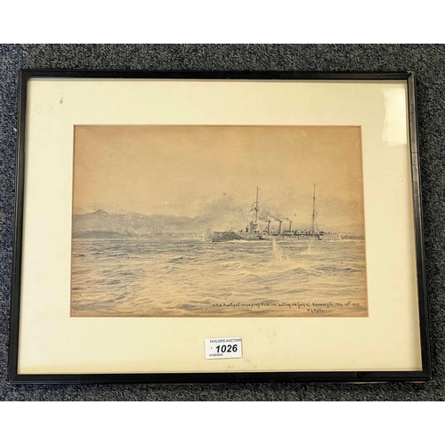 1026 - WILLIAM LIONEL WYLLIE,  HMS AMETHYST AT SEA SIGNED FRAMED PENCIL, INK & CHARCOAL DRAWING 21.5 X 31.5... 