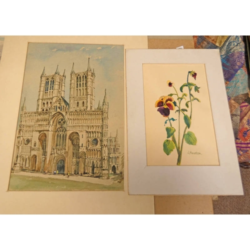 1032 - J HOWATSON, 2 UNFRAMED WATERCOLOURS, LINCOLN CATHEDRAL - WEST FRONT & PANSIES, BOTH SIGNED, LARGEST ... 