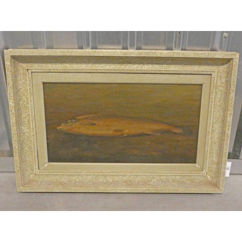 1033 - W S MYLES RAINBOW TROUT INDISTINCTLY SIGNED FRAMED OIL PAINTING 32 X 60 CM