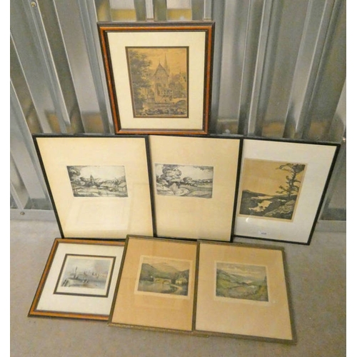 1038 - SELECTION OF FRAMED ETCHINGS, ETC TO INCLUDE; W JOHNSTONE, DEN OF MUNROS, SIGNED, A WATSON TURNBULL,... 