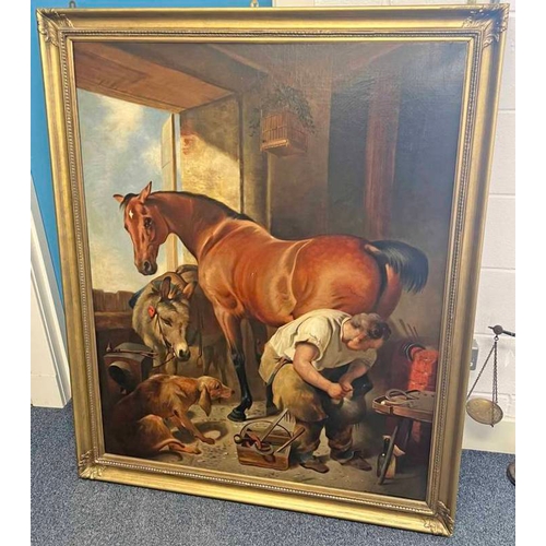 1039B - AFTER LANDSEER BLACKSMITH'S FORGE UNSIGNED GILT FRAMED OIL PAINTING 123 X 99 CM