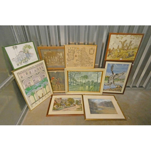 1049 - LARGE SELECTION OF PRINTS, EMBROIDERY ETC. INCLUDING ; FRAMED RAFFLES HOTEL PORTUGAL POSTER, MARGARE... 