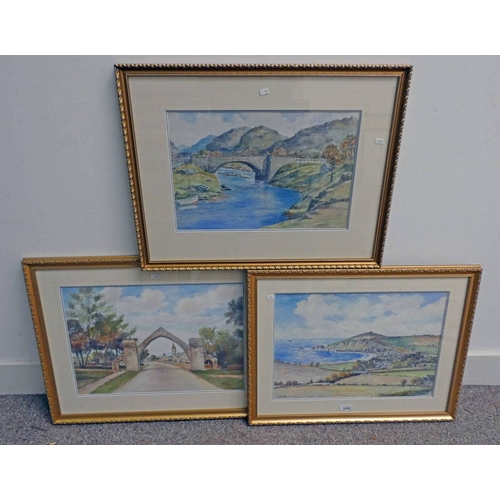 1052 - T TRAIN STONEHAVEN, EDZELL & POOL EWE SIGNED 3 FRAMED WATERCOLOURS 34 X 48 CM