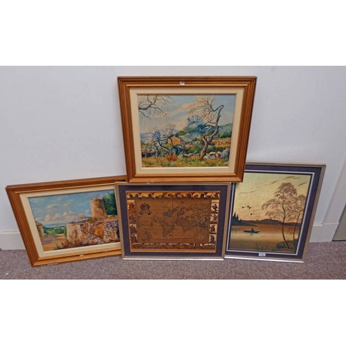 1061 - 2 FRAMED OIL PAINTINGS OF SPANISH COUNTRYSIDE, BOTH INDISTINCTLY SIGNED, TOGETHER WITH 2 OTHER FRAME... 