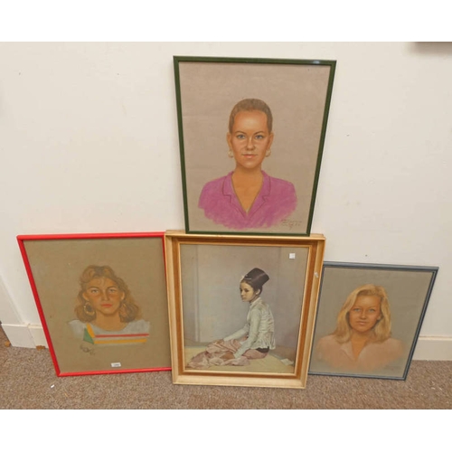 1063 - 3 FRAMED PORTRAITS OF SPANISH LADIES, PENCIL DRAWINGS, ALL SIGNED INDISTINCTLY, & 1 OTHER. LARGEST 6... 