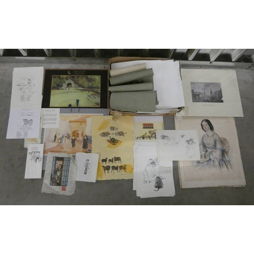 1065 - LARGE SELECTION OF UNFRAMED WATERCOLOURS, DRAWINGS, ARTISTS SKETCHES, ETC, TOGETHER WITH GOOD AMOUNT... 