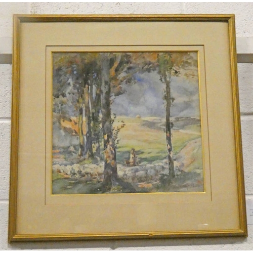 1066 - CHARLES HODGE MACKIE 'THE SHEPHERD' SIGNED FRAMED WATER COLOUR 40CM X 39 CM