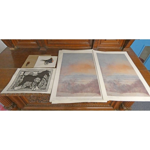 1067 - LARGE QUANTITY OF IRENE HALLIDAY UNFRAMED PRINTS & VARIOUS OTHER DRAWINGS, ETC