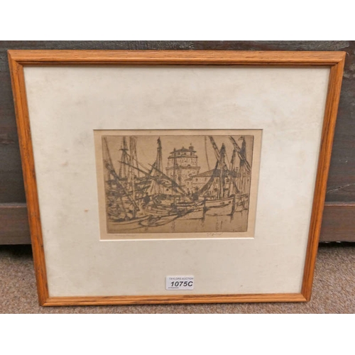 1075C - COLONEL ROBERT GOFF SHIPPING VIAREGGIO SIGNED FRAMED ETCHING 14.5 X 20 CM