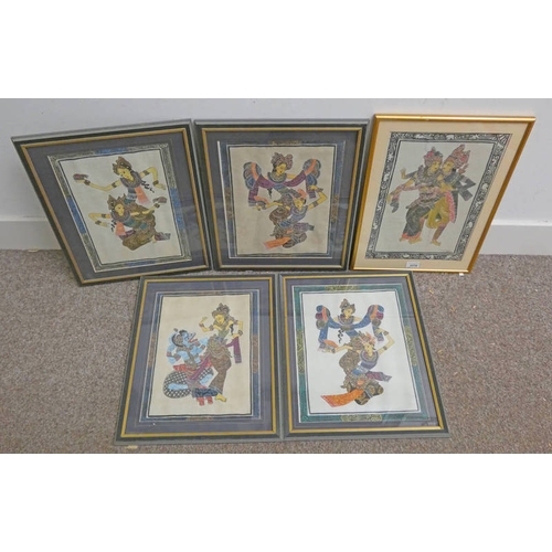 1076 - SELECTION OF FRAMED ORIENTAL PICTURES OF DANCING FIGURES, PAINTED ON FABRIC.   40 CM X 28 CM