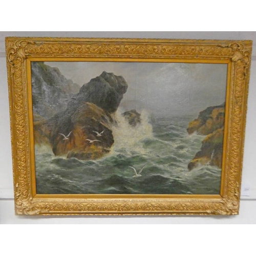 1078 - PETER GRAHAM 'SEAGULL'S AT THE CLIFFS' SIGNED GILT FRAMED OIL PAINTING 96 CM X 70 CM