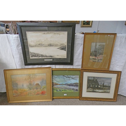 1091 - 5 FRAMED WATERCOLOURS TO INCLUDE; JAMES YOUNGSON 'ADMIRING THE VIEW' SIGNED, ELIZABETH L WATT 'HIGHL... 