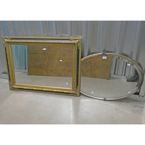 1107 - METAL FRAMED BEVELLED EDGE OVAL MIRROR, APPROX. 49 X 75 CM, TOGETHER WITH GILT FRAME BEVELLED EDGE H... 