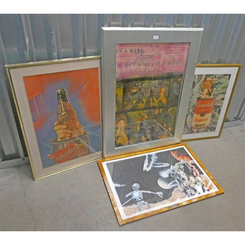 1111 - PIETRO PSAIER, 4 FRAMED ADVERTISEMENT POSTERS, INCLUDING THE BEATLES, CAMPBELL'S SOUP, ETC, ALL SIGN... 