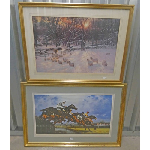 1119 - 2 FRAMED PRINTS, 'AT THE RACES' INDISTINCTLY SIGNED, 108/500, 49 X 83 CM, TOGETHER WITH J FARQUHARSO... 