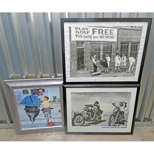 1123 - 3 FRAMED PRINTS TO INCLUDE; NORMAN ROCKWELL 'THE RUNAWAY', HOPPER/FONDA 'EASY RIDER', & 1 OTHER. LAR... 