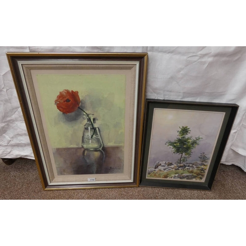 1142 - J REVILLE, 2 FRAMED WATERCOLOURS, TREE ON THE HILL, SIGNED, 39 X 30 CM, & POPPY IN VASE, SIGNED, 50 ... 