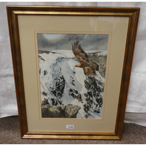 1144 - KEITH BROCKIE HIGH ABOVE THE MOUNTAINS SIGNED FRAMED WATERCOLOUR 40 X 28.5 CM