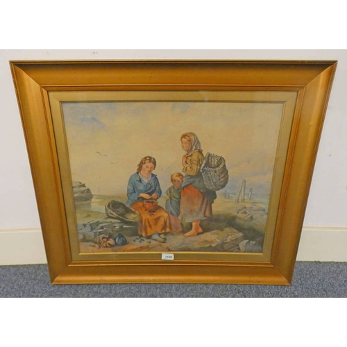 1146 - FISHERGIRLS BAITING THE LINES INDISTINCTLY SIGNED GILT FRAMED WATERCOLOUR 46 X 58 CM