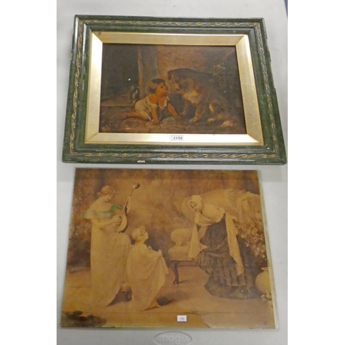 1159 - 2 CRYSTOLEUMS, 1 OF A GIRL & HER DOG, FRAMED 28 X 39 CM, & 1 OTHER OF A LADY & GIRL ENTERTAINING AN ... 