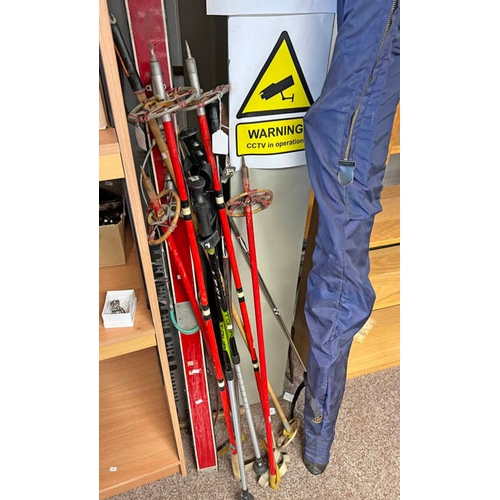 1434 - PAIR OF SKIS, VARIOUS SKI POLES, TWO MAN LUMBER SAW ETC.