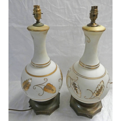 3024 - 2 LARGE GLASS TABLE LAMPS ON BRASS BASES