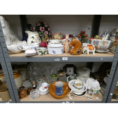 3037 - VARIOUS PORCELAIN FLORAL GROUPS, PORCELAIN JUGS, CRYSTAL CUT GLASS, OAK ANEROID BAROMETER, ETC ON 2 ... 