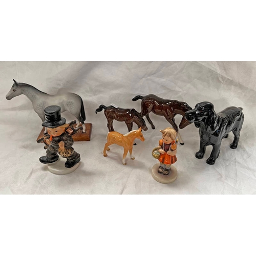 3064 - 2 HUMMEL FIGURES, 5 BESWICK HORSES AND DOG