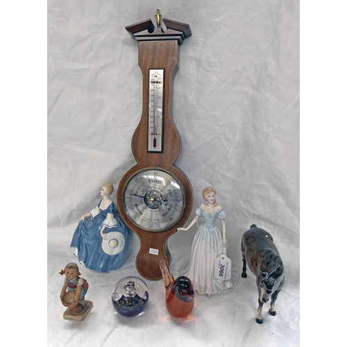 3066 - 2 ROYAL DOULTON FIGURES, BESWICK HORSE, WEDGWOOD GLASS BIRD, MAHOGANY INLAID ANEROID BAROMETER, GOEB... 