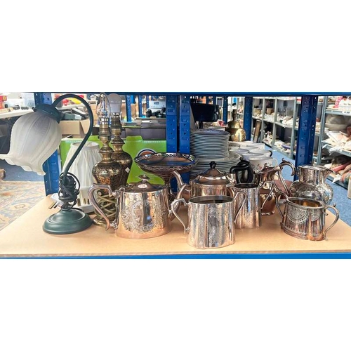 3386 - SELECTION OF SILVER PLATED WARE INCLUDING THREE PIECE TEASET, HOT WATER JUG ETC PAIR OF BRASS TABLE ... 