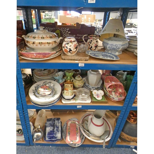 3390 - 3 SHELVES OF PORCELAIN INCLUDING 19TH CENTURY PLATES, MASONS WARE, MALING, CHINESE PORCELAIN RECTANG... 