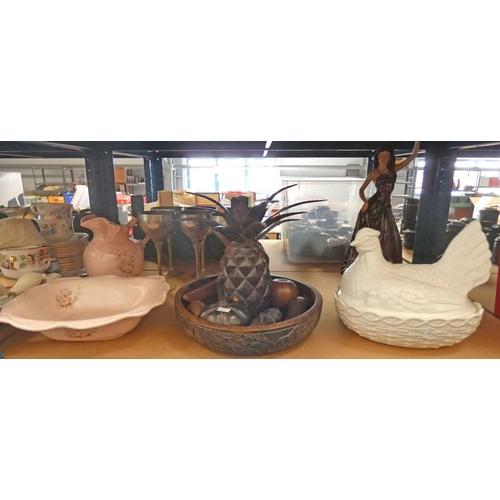 3393 - PORTMEIRION EGG CHICKEN, CARVED HARDWOOD FRUIT BOWL, SILVER PLATED GOBLETS, ETC