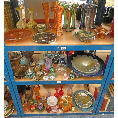 3394 - 3 SHELVES OF ART GLASS, CARNIVALE GLASS, ETC